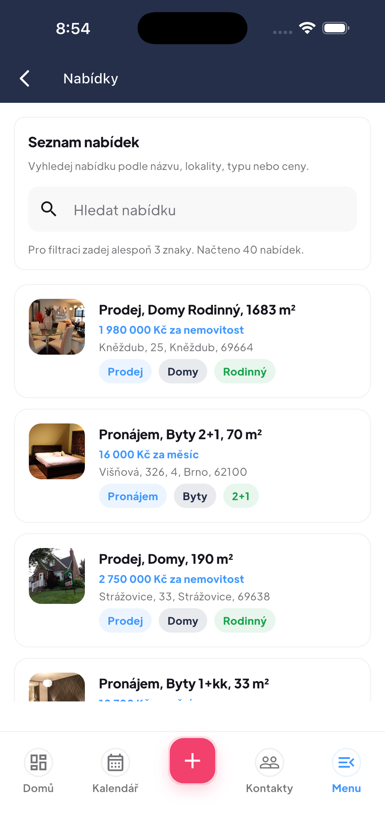Nabídky v aplikaci RealCRM