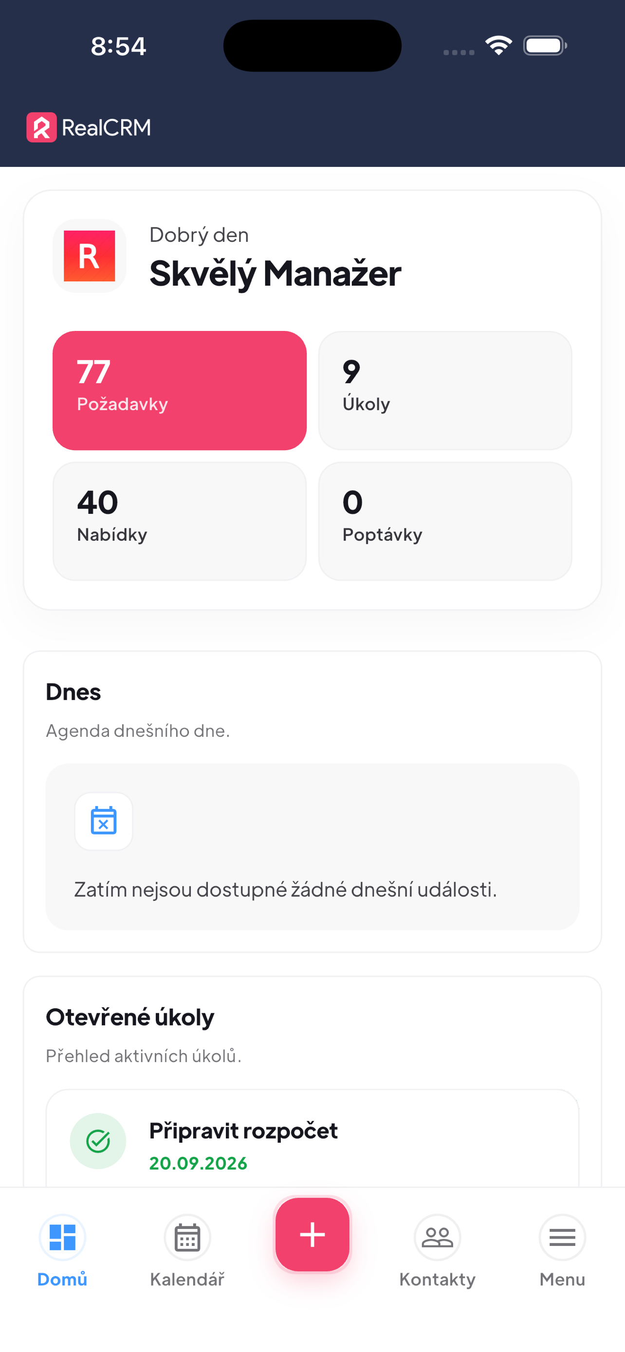 Dashboard aplikace RealCRM