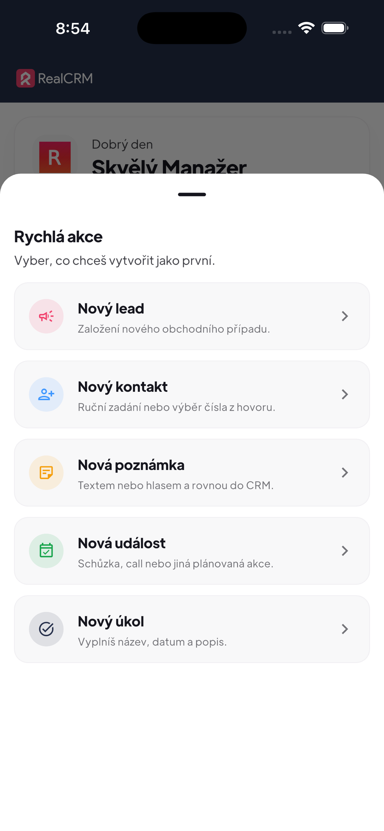 Rychlé akce v aplikaci RealCRM